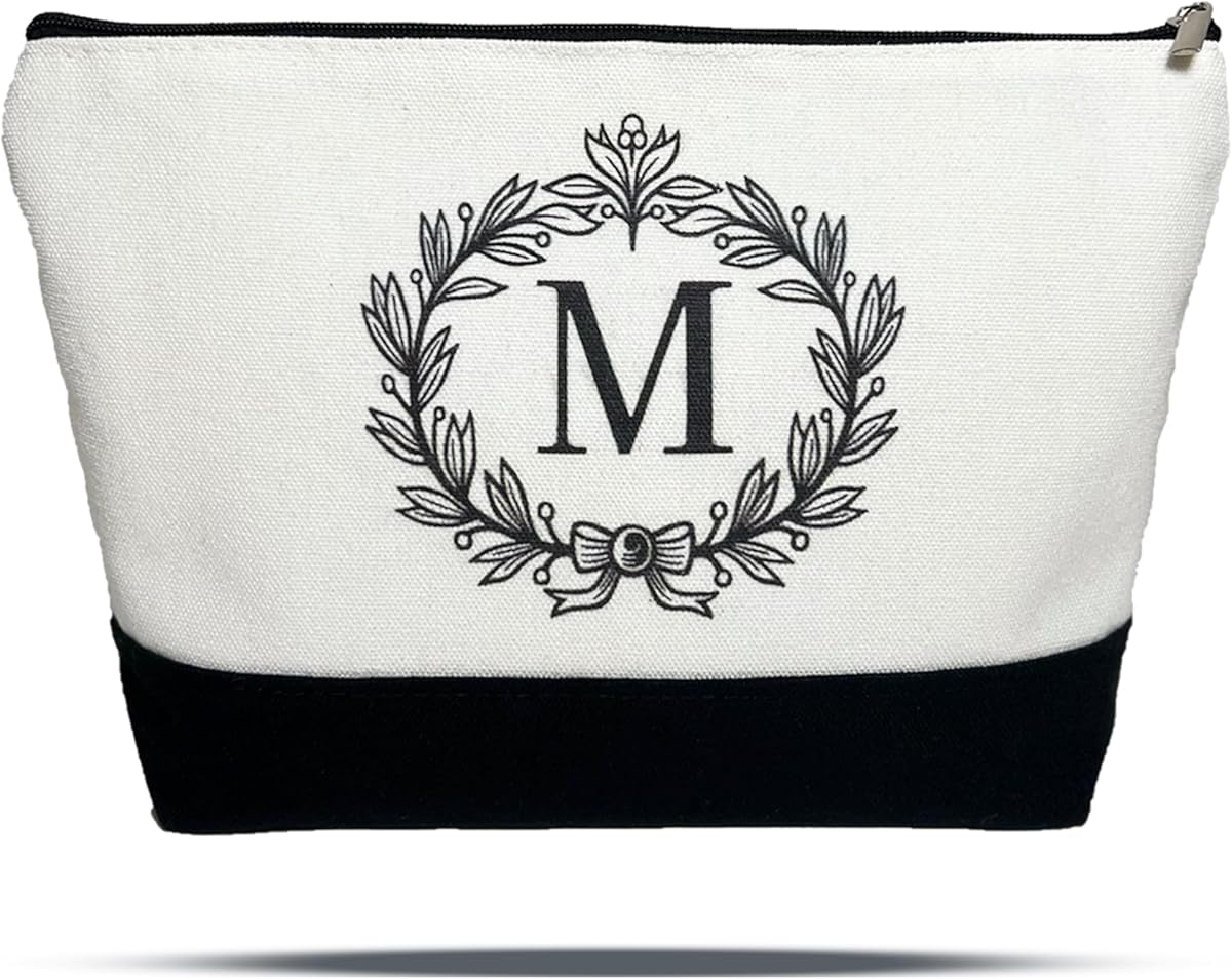 Givvo M Personalized Makeup Bag,Birthday Gifts for Women, Canvas Makeup Bags with Zipper, Small Cosmetic Bag for Teacher Bestie Best Friends Black and White