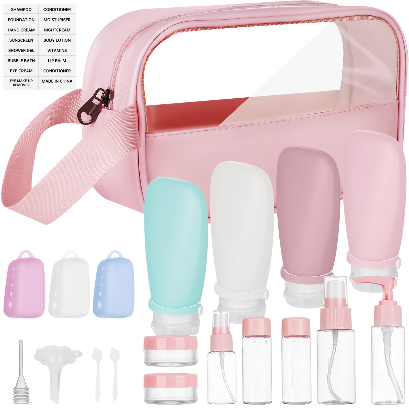 20 Pcs Travel Bottles for Toiletries, Toiletry Bottle Kit for Packing & Convenience on the Go, TSA-Compliant Silicone Containers, Includes Squeezable Bottles, Spray Bottles, Jars, Carrying Bag & More,