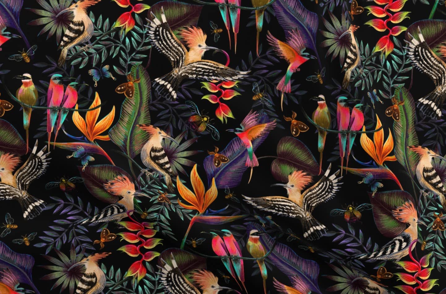 Spoonflower Fabric - Hoopoes Bee Eaters Hunting Bugs Leaves Floral Nature Birds Dark Printed on Petal Signature Cotton Fabric Fat Quarter - Sewing Quilting Apparel Crafts Decor