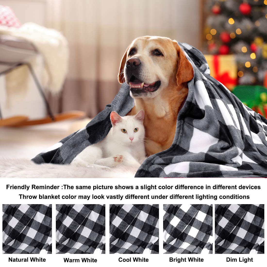 PICCOCASA Couverture Plaid Lit pour Canapé en Molleton Flanelle Peluche Carreaux Buffalo Chaude Noir et Blanc 130 x 150 cm
