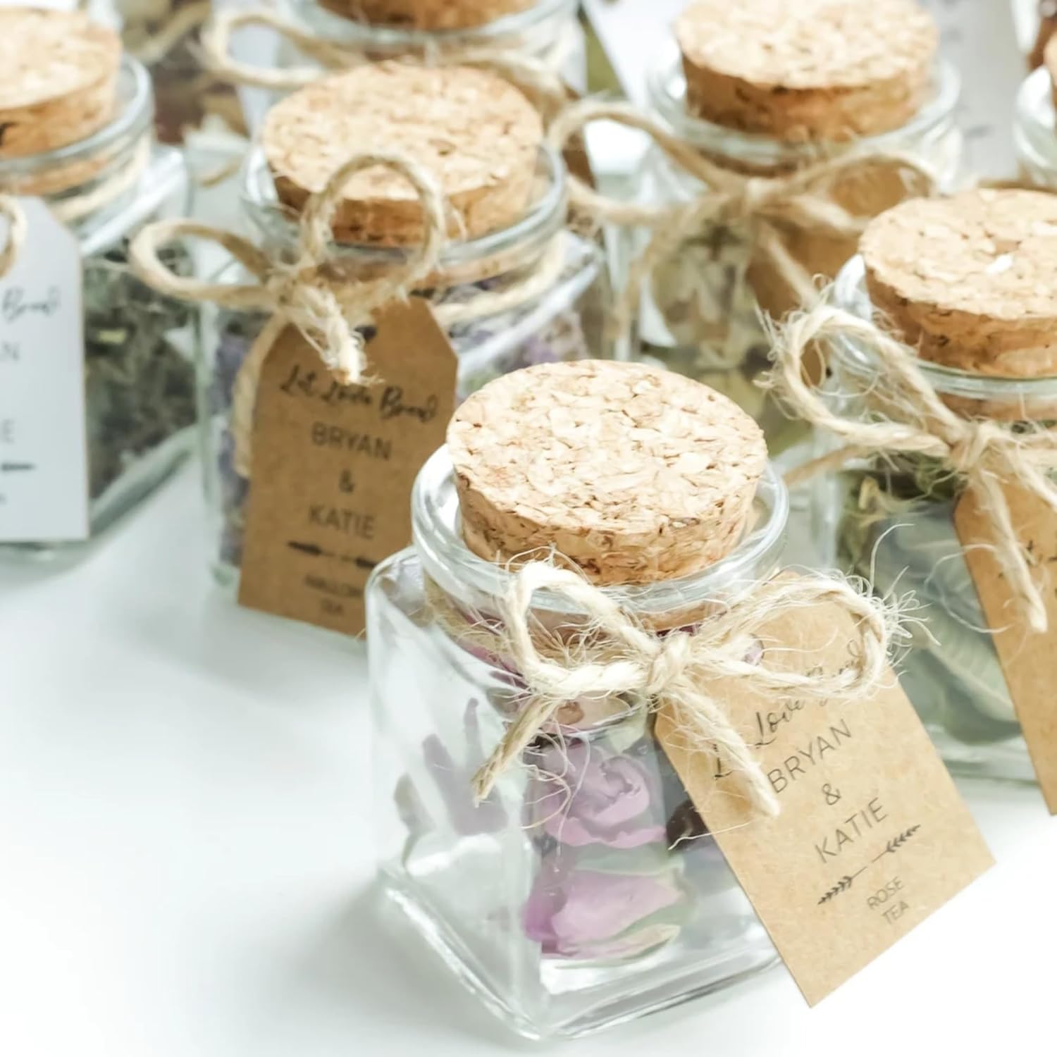 Personalized Wedding Party Tea Favors for Guests - Custom Mini Glass Jars with Cork Lids - Bridal Shower Favors, Baby Shower Favors for Guests, Party Favors, Tea Party Favors, Wedding Gifts Bulk (30)
