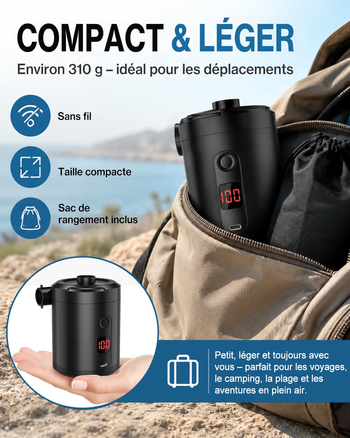 Pompe à Air Électrique Rechargeable 5200 mAh 280 L/Min avec Écran Numérique, Gonfleur Rapide Portable pour Matelas et Piscine