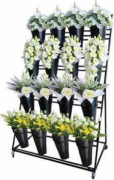 Flower Cart Display Stand with Wheels and 16 Round Buckets - 4-Tier Flower Bar Stand for Farmers Market, Outdoor Plant Stand, Cafe Decor Heavy Duty Steel Frame Black