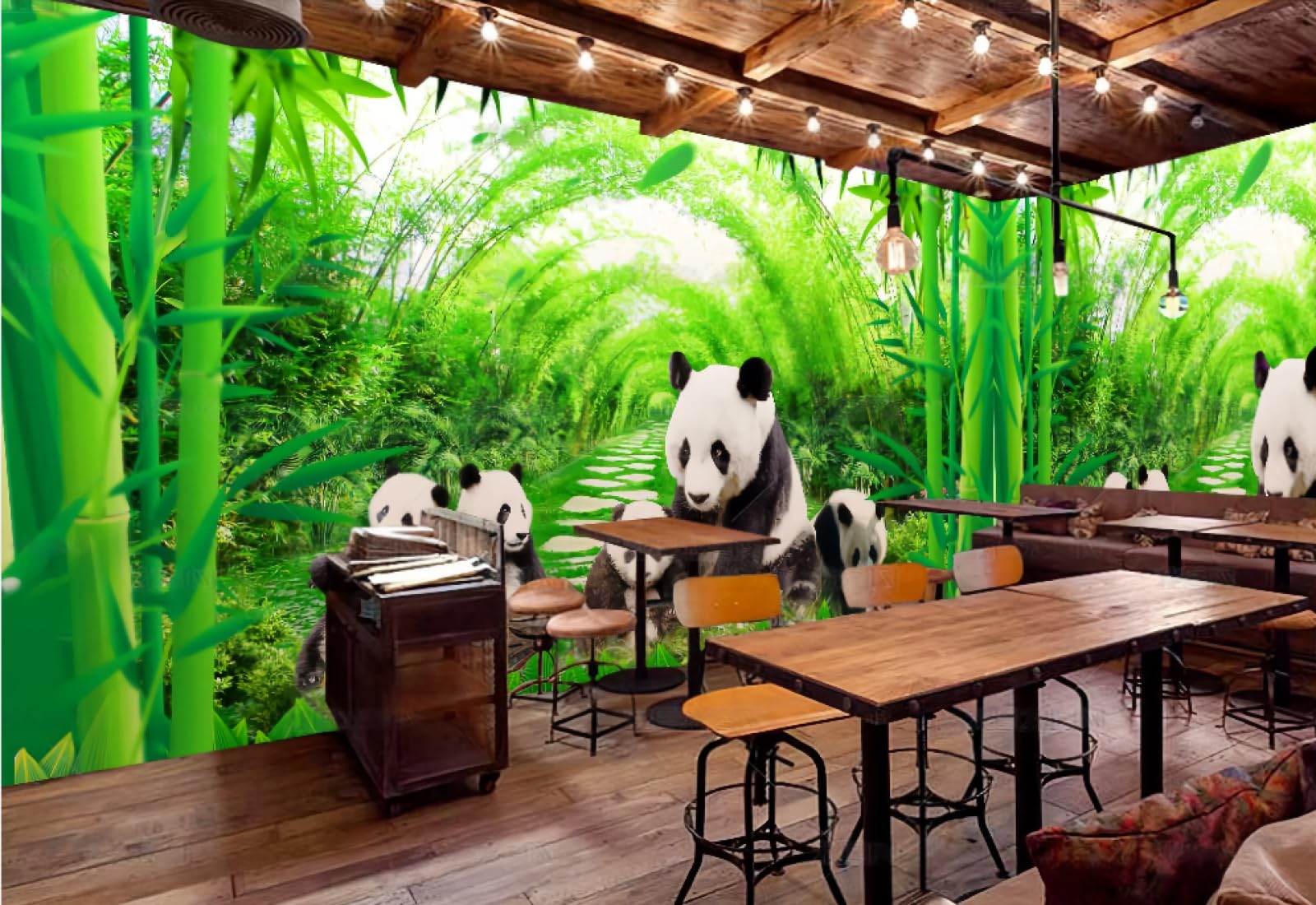 Ręcznie malowana bambusowa tapeta panda do kawiarni i restauracji, 3D, 150x105cm