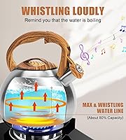 Vista 3 de Hervidor de agua clásico de acero inoxidable de 3.2 cuartos de galón, acabado de metal cepillado con mango de madera, caldera de agua para estufa