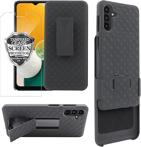 Miniatura 3 de Diseñado para Samsung Galaxy A13 5G, con funda delgada de vidrio templado, funda resistente con soporte integrado + clip giratorio para cinturón