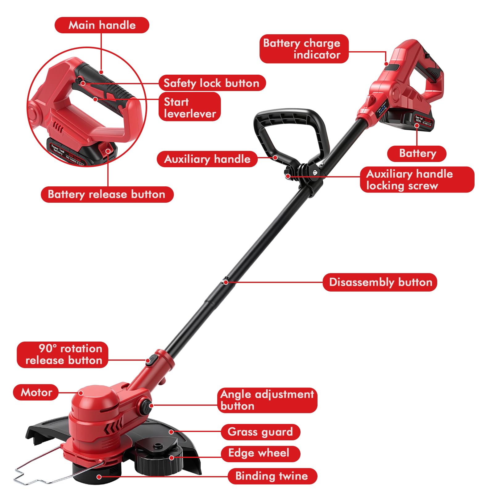 Desbrozadora de 21 V con 2 baterías de 1500 mAh, 16000 RPM, pértiga telescópica, desbrozadora y perfiladora 2 en 1, Incluye Cuerda de Corte de 4 x 4 m, para Recortar césped, Bordes y Malas Hierbas