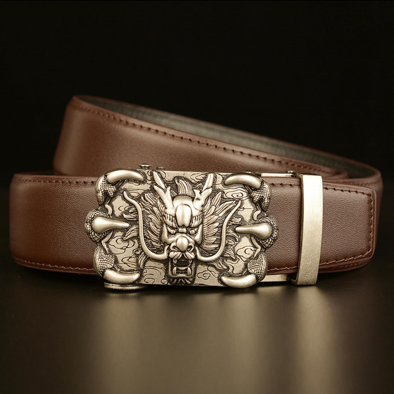 Cinturón De Trinquete Deslizante Clásico Piel Vaca Con Hebilla Automática Dragón Grabado, Ropa Informal Negocios (125 Cm, Se Adapta A Cintura 43 Pulgadas, Marrón)