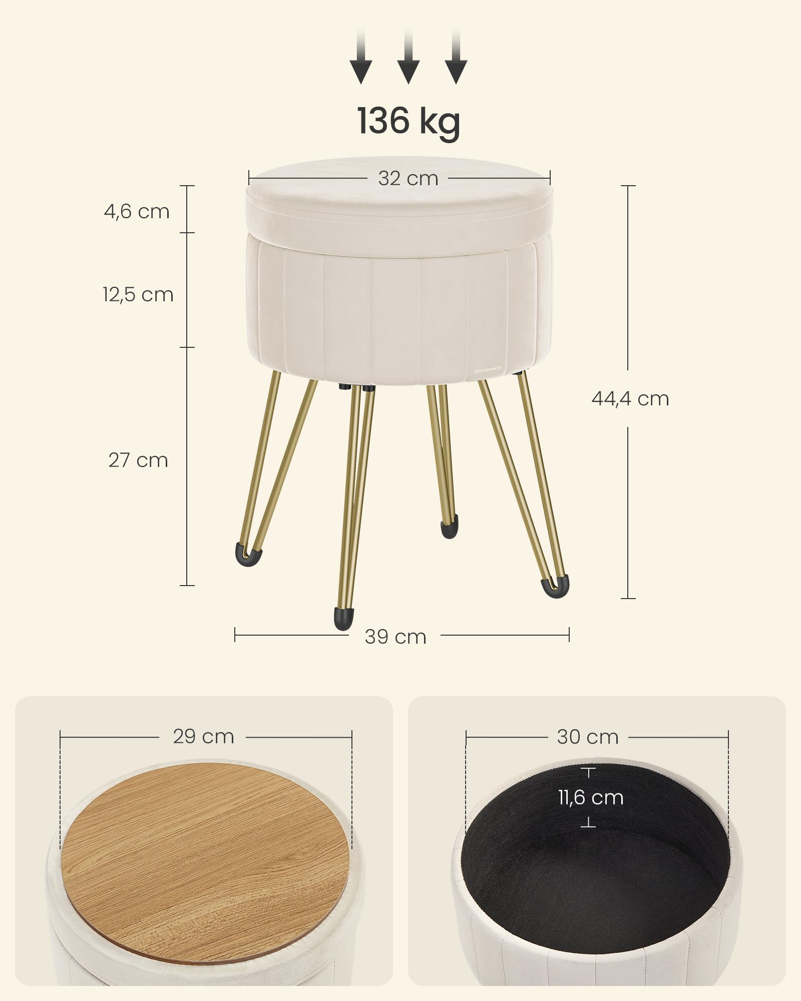 SONGMICS Sgabello Pouf Contenitore, Cassapanca Rotonda, Sgabello Toeletta in Velluto, 39 x 44,4 cm (Diam. x A), 4 Gambe in Metallo, Soggiorno Camera da Letto, Bianco Crema LOM003W01