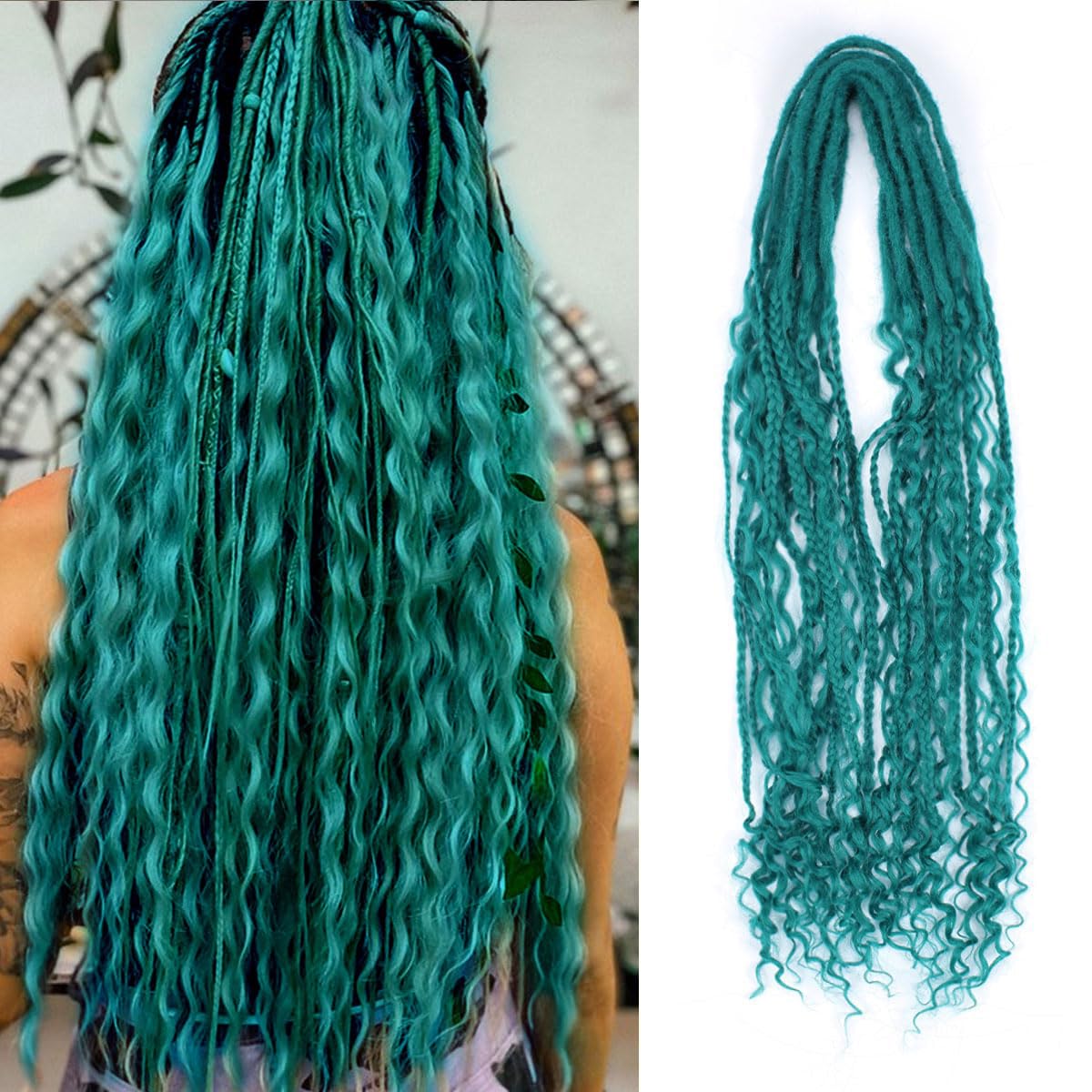Lounoke 24 In Boho Braid Dreadlock Extensions, 10 Strands Castleton Green Synthetic Curly Dreads Extensions with Box Braid, 100% Handmade Dreads