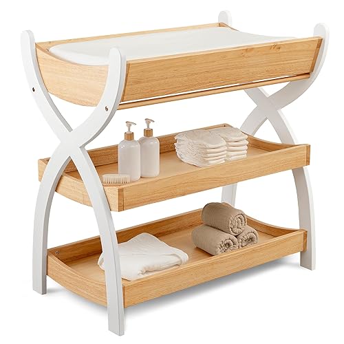 Miniatura 8 de Comfy Cubs Cambiador para bebé, construcción de madera resistente, mesa de cambio de bebé de aspecto atemporal con dos estantes abiertos para