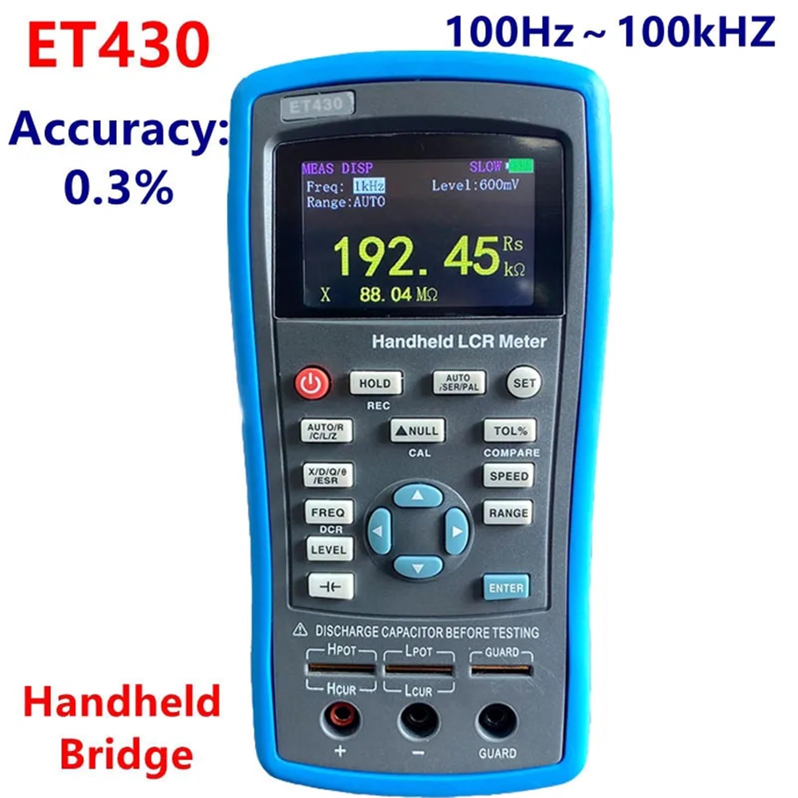 Medidor LCR, Medidor de resistencia, inductancia y capacitancia digital portátil LCR multifunción ET430, modo DCR, alta precisión(ET430)