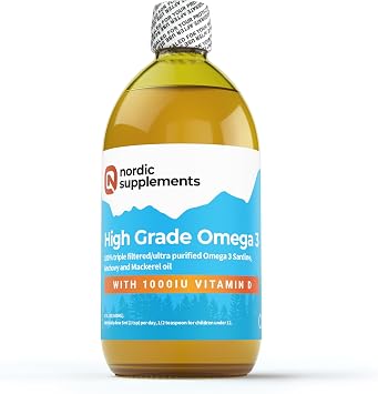 Nordic Supplements High Strength 500ml Omega 3 Fish Oil with 1000iu Vitamin D3 in Natural Cholecalciferol Form. Taste Award Winning Lemon Flavoured and Tested