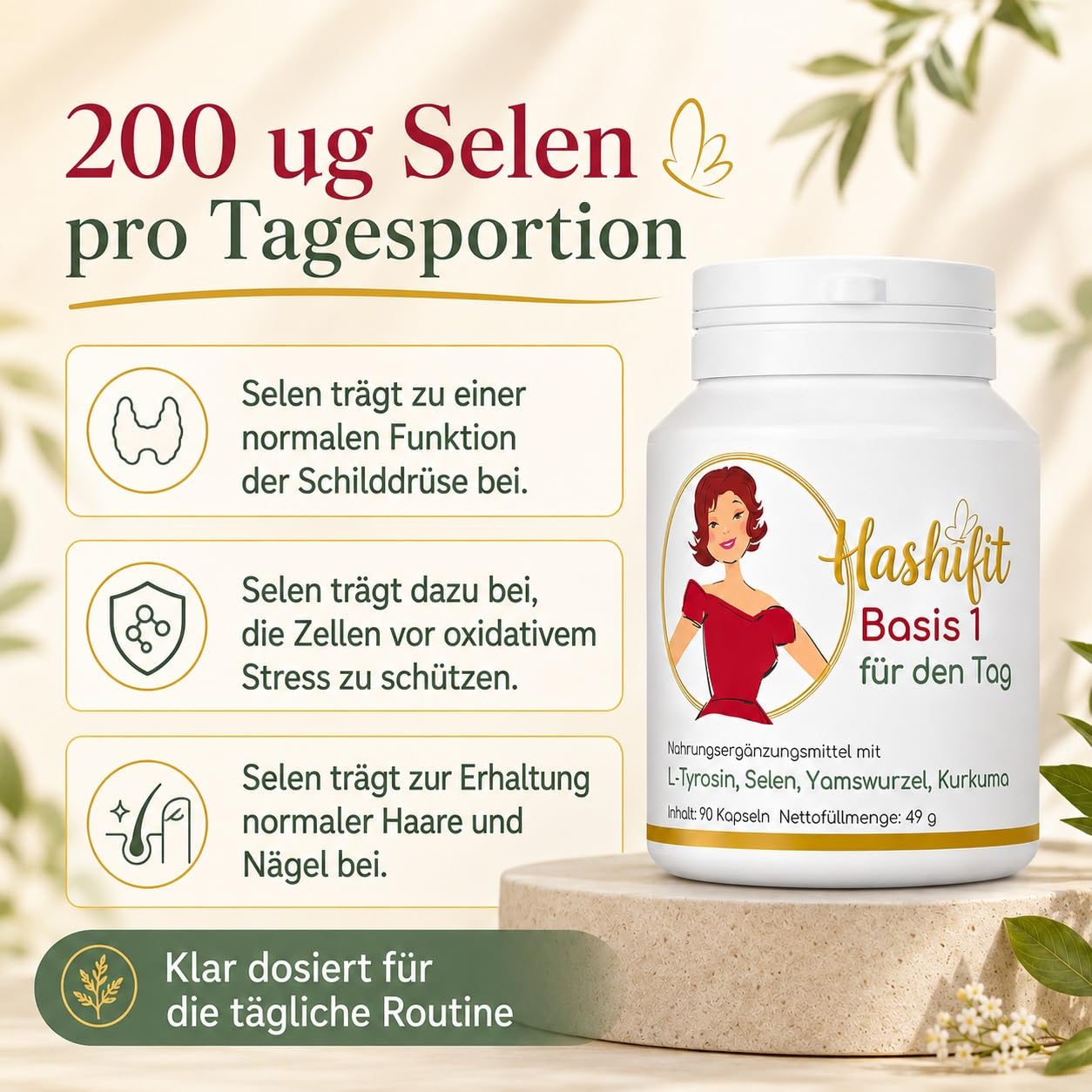 Basis 1, Schilddrüse Komplex mit Selen, L-Tyrosin Yamswurzel Kurkuma und mehr, Wechseljahre Kapseln, Hashimoto Kapseln – Energie und Wohlbefinden, hochdosiert vegan, ohne Jod, Monatspackung | 200 µg Selen + 450 mg L-Tyrosin, Q10 & B6 – jodfrei, vegan, 15
