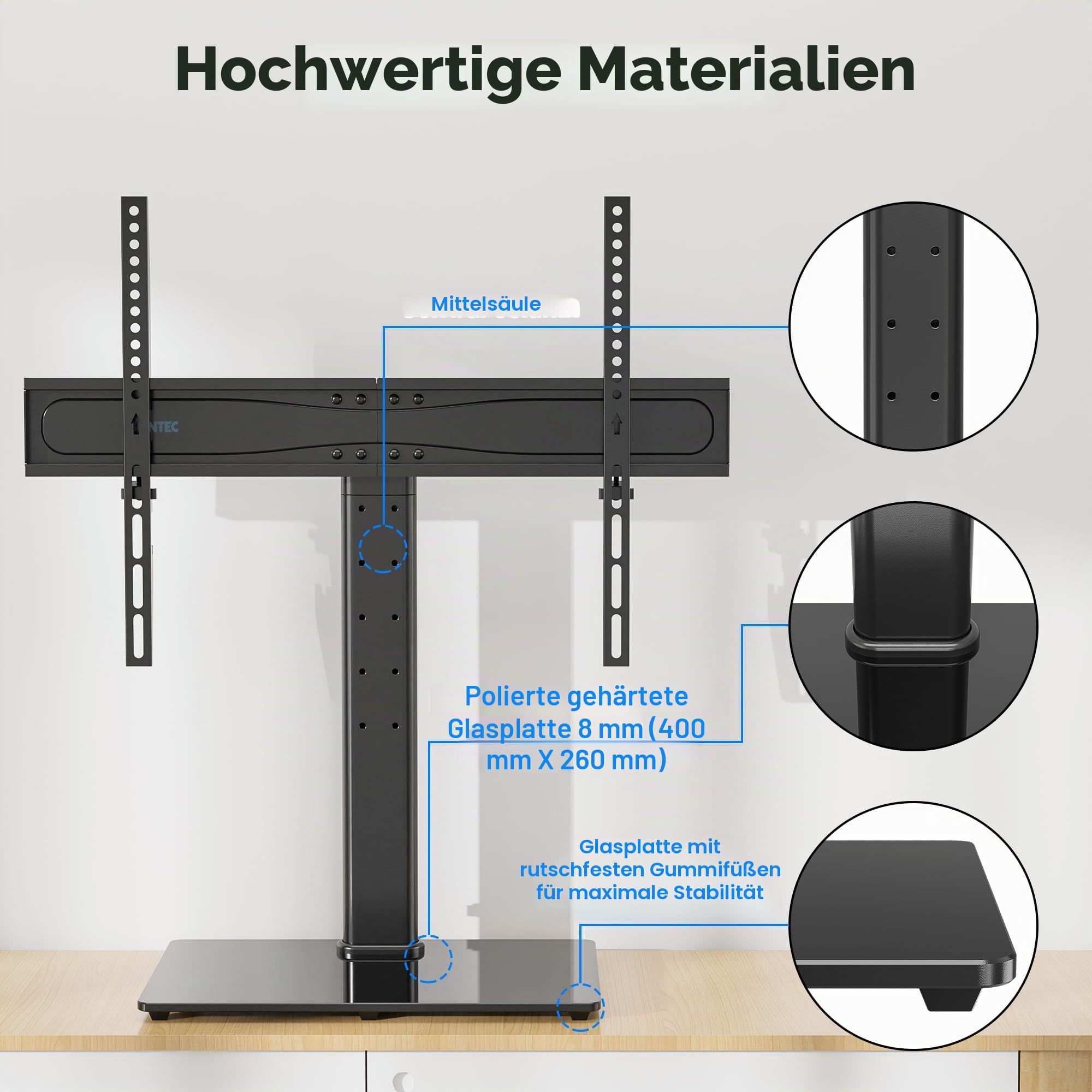 BONTEC TV Standfuss für 26-65 Zoll Fernseher, Höhenverstellbar bis 45kg, Max. VESA 600x400mm, Stabil und Universal, für LCD, LED, OLED, Plasma, Flach & Curved