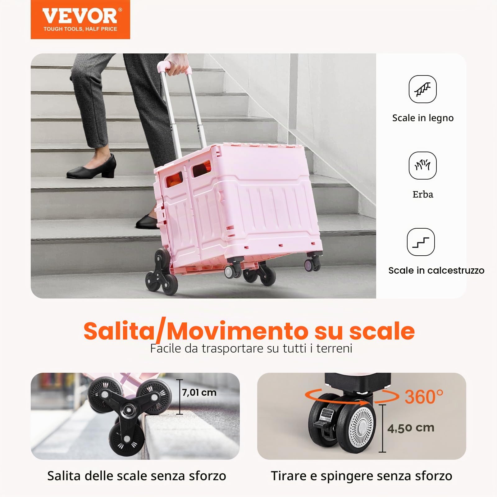 VEVOR Carrello Pieghevole, Carrello Portaoggetti Portatile 65 L con Ruote per Salire, Carrello a Mano con Ruote Girevoli 360° Maniglia Telescopica per l'Ufficio, l'Insegnante, in Movimento, Rosa