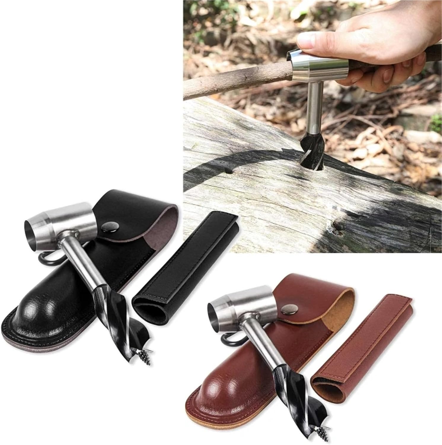 Bushcraft Gear Hand Auger Drill 3set Multifunctional Survival Settlers Tool Bushcraft Hand Auger Wrench Wood Drill Peg and Manual Hole Maker Multitool(Black)