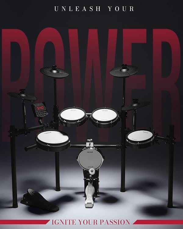AKLOT Electric Drum Set with Kick-Tower: 4 Dual Zone Mesh Pads, 8’’ Tower-Style Kick Drum, 10’’ Snare, Dual Zone 10’’ Cymbals with Choke, 360 Sounds, User Kit, USB-MIDI, Throne, B-CORE 540 Air, Black by AKLOT - Image 2