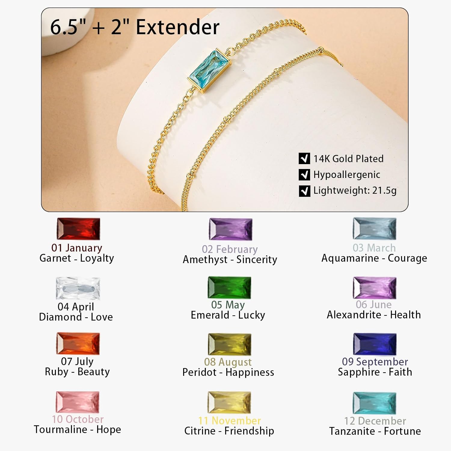 Birthstone Bracelets for Women, AAA+ Cubic Zirconia 14K Gold Plated Stackable Chain Bracelet for Mom Wife Daughter Sister Trendy Dainty Non Tarnish Jewelry Gifts 6.5+2 Inches - Image 5