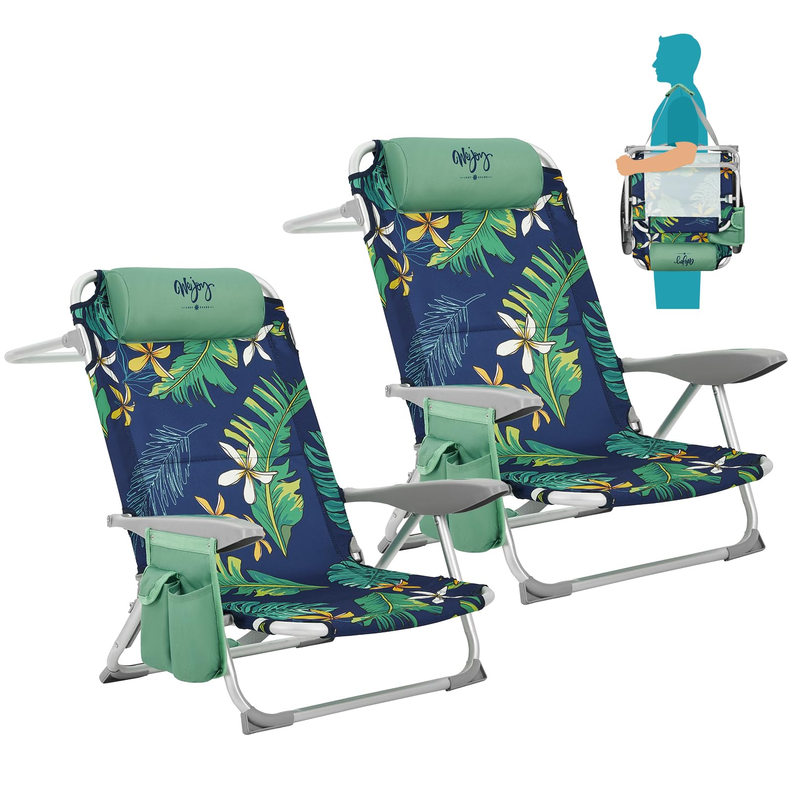Photo 1 of #WEJOY Aluminum Lightweight 4-Position Beach Chair, Reclining Low Folding Beach Chairs for Adults with Carry Strap Cup Holder Pocket Armrest Headrest for Outdoor Camping Lawn (Rainforest 2PACK) Rainforest-2pack