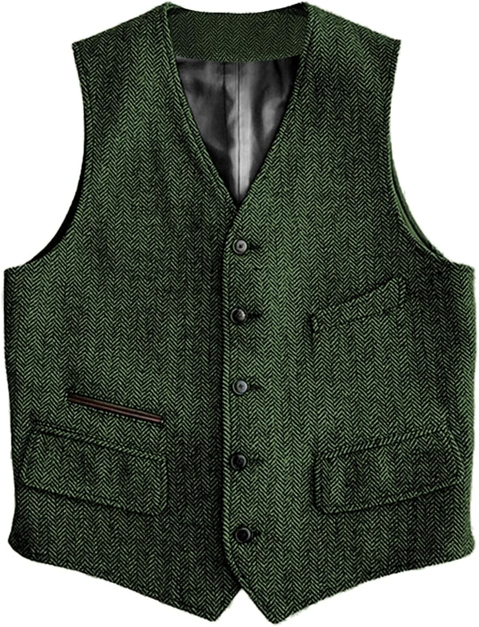 SOLOVEDRESS Mens Vintage Classic Herringbone Pattern Suit Vest V Neck Casual Wool Blend Waistcoat for Men