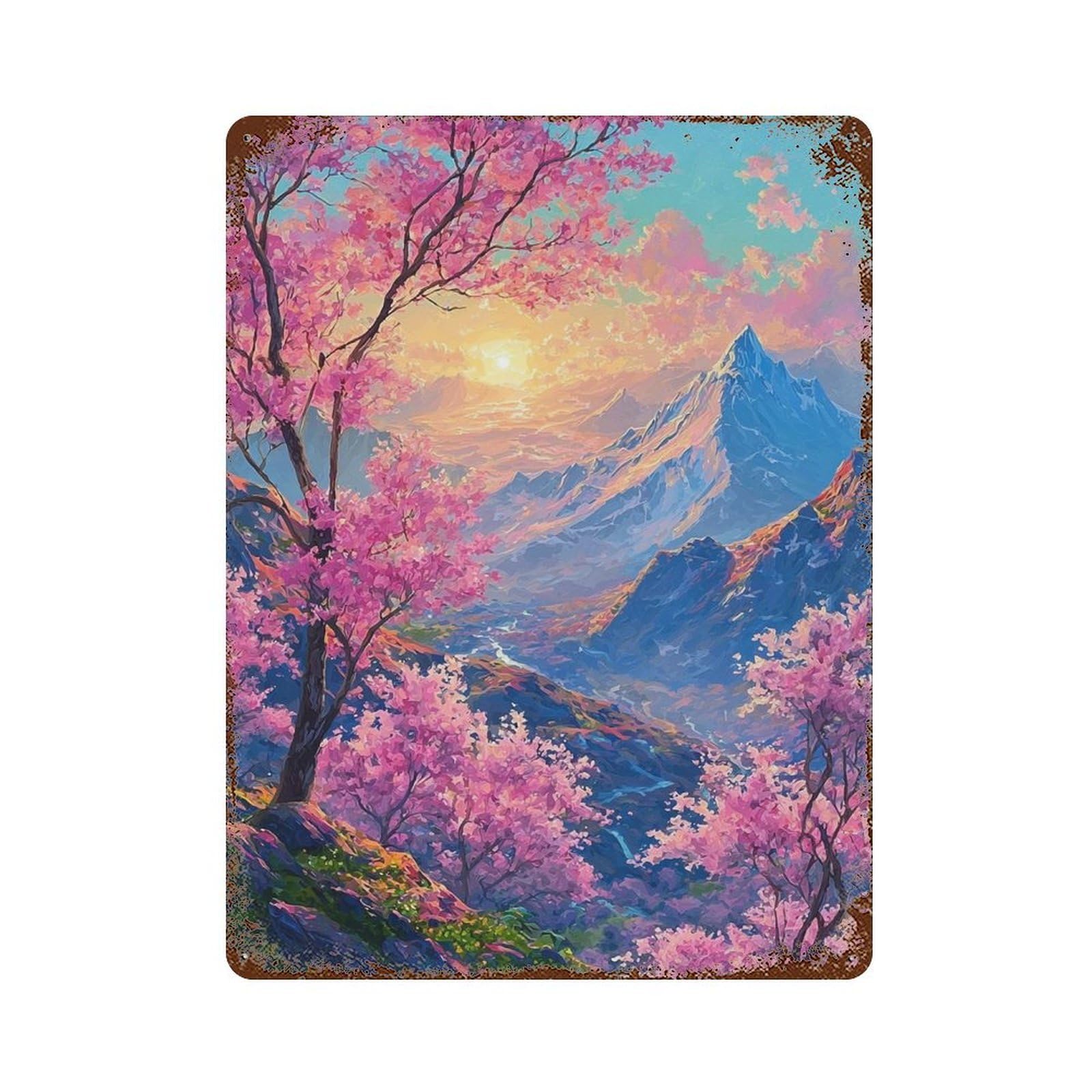 Cherry Blossom Valley Sunset 15.7"x11.8" Vintage Rust Metal Sign, Classic Wall Plaque for Pub, Kitchen And Man Cave Decor