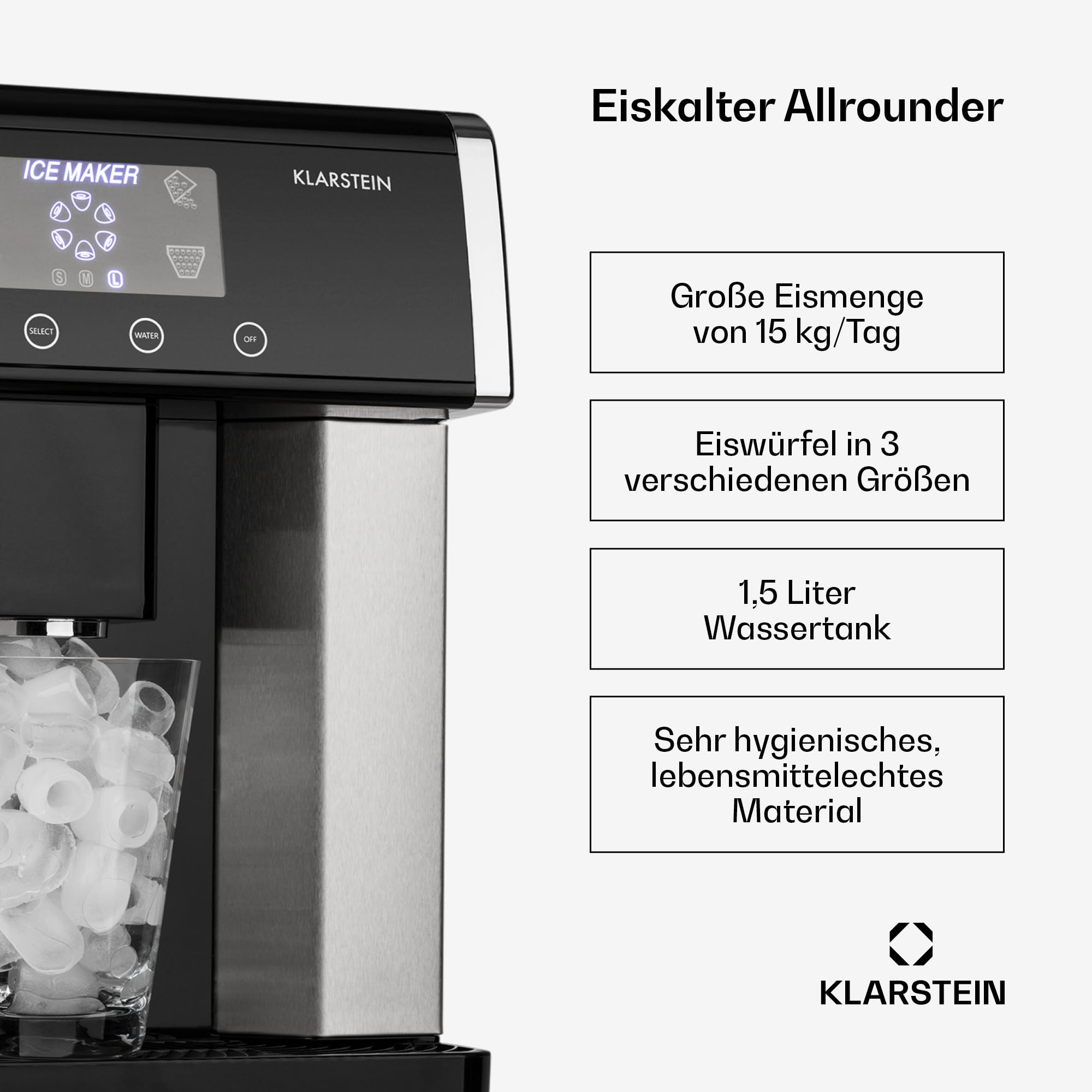Klarstein Eiswürfelmaschine Klein, 3L Eiswürfelbereiter, Eiswürfelmaschine mit 3 Eiswürfel Größen, Schnelle Leichte Reinigung, Eiswürfelbereiter für 12kg Eis in 24h