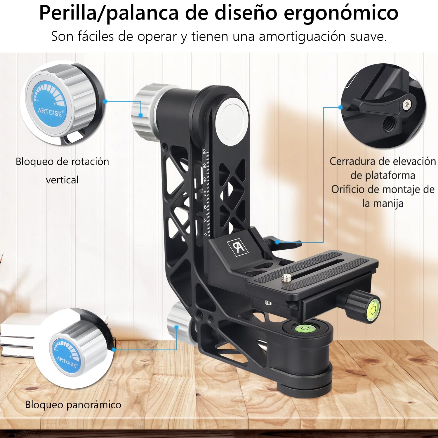 ARTCISE Cabezal de Trípode Gimbal con Mango, GH7 Cabezal Portátil Ligero y Resistente con Placa de Liberación Rápida Estándar 1/4'' y Nivel de Burbuja para Trípode de Cámara DLSR, Carga Máxima 25KG
