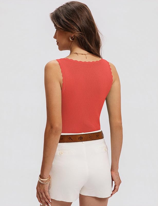 LOMON Summer Sweaters for Women Scoop Neck Ribbed Workout Tank Tops Slim Fitted Basic Cami Tee Shirts, Orange M image 4