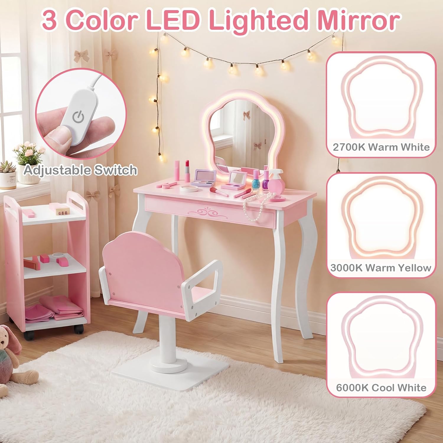Olakids Kids Vanity with Lights and Barber Chair, Wooden Princess Makeup Dressing Desk with Mirror, Storage Shelf, Toy Accessories, Toddler Table and Chair Set Pretend Playset for Girls Aged 3+