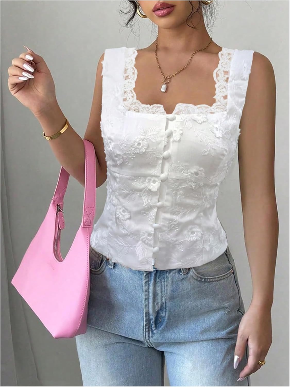 SOLY HUX Women's Summer Tops Lace Floral Embroidery Button Down Shirts Square Neck Sleeveless Blouse - Image 3