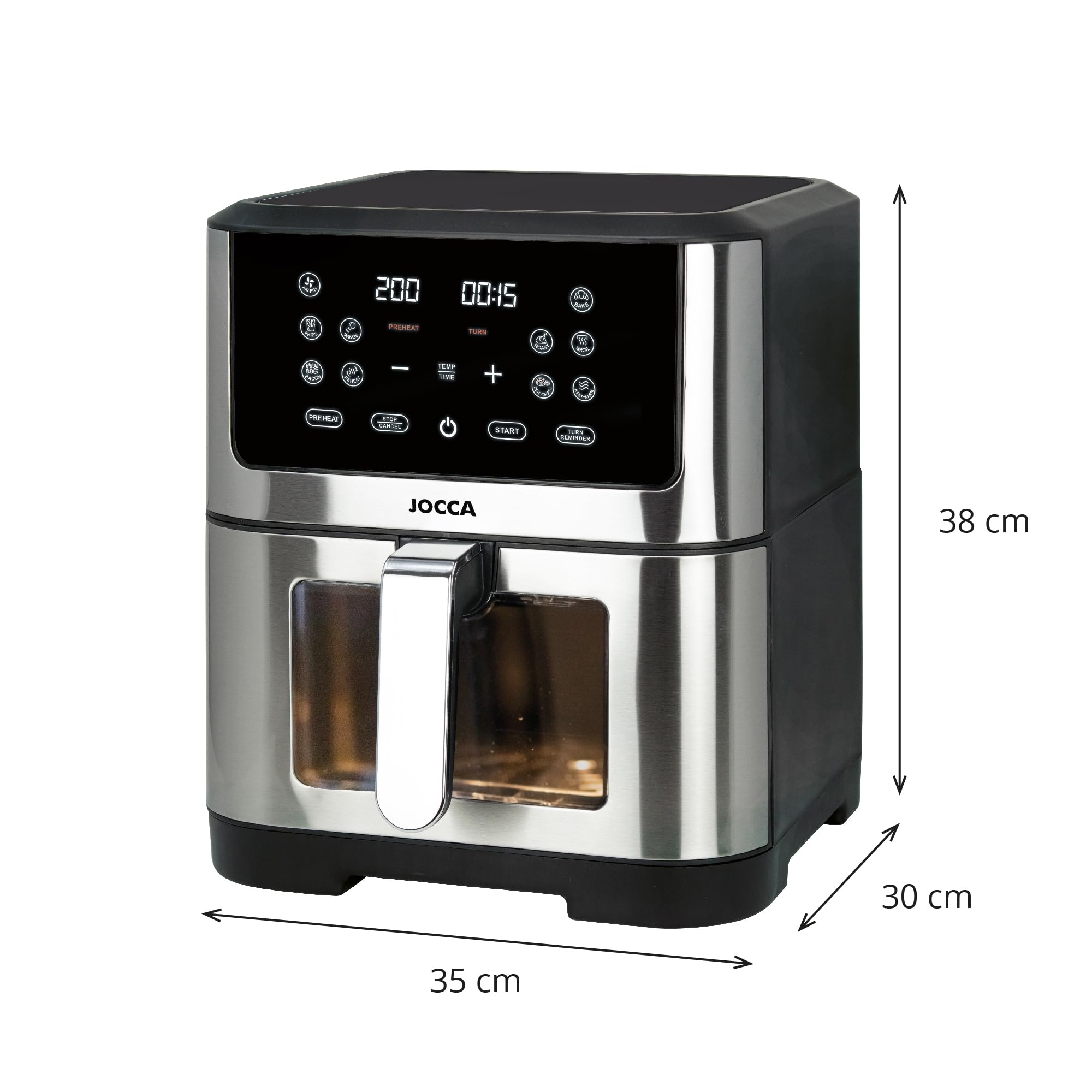 Jocca, Friggitrice ad Aria 10L, 1800W, Display LED Touch, Finestra di Controllo, 10 Programmi, Temperatura 34-200°C