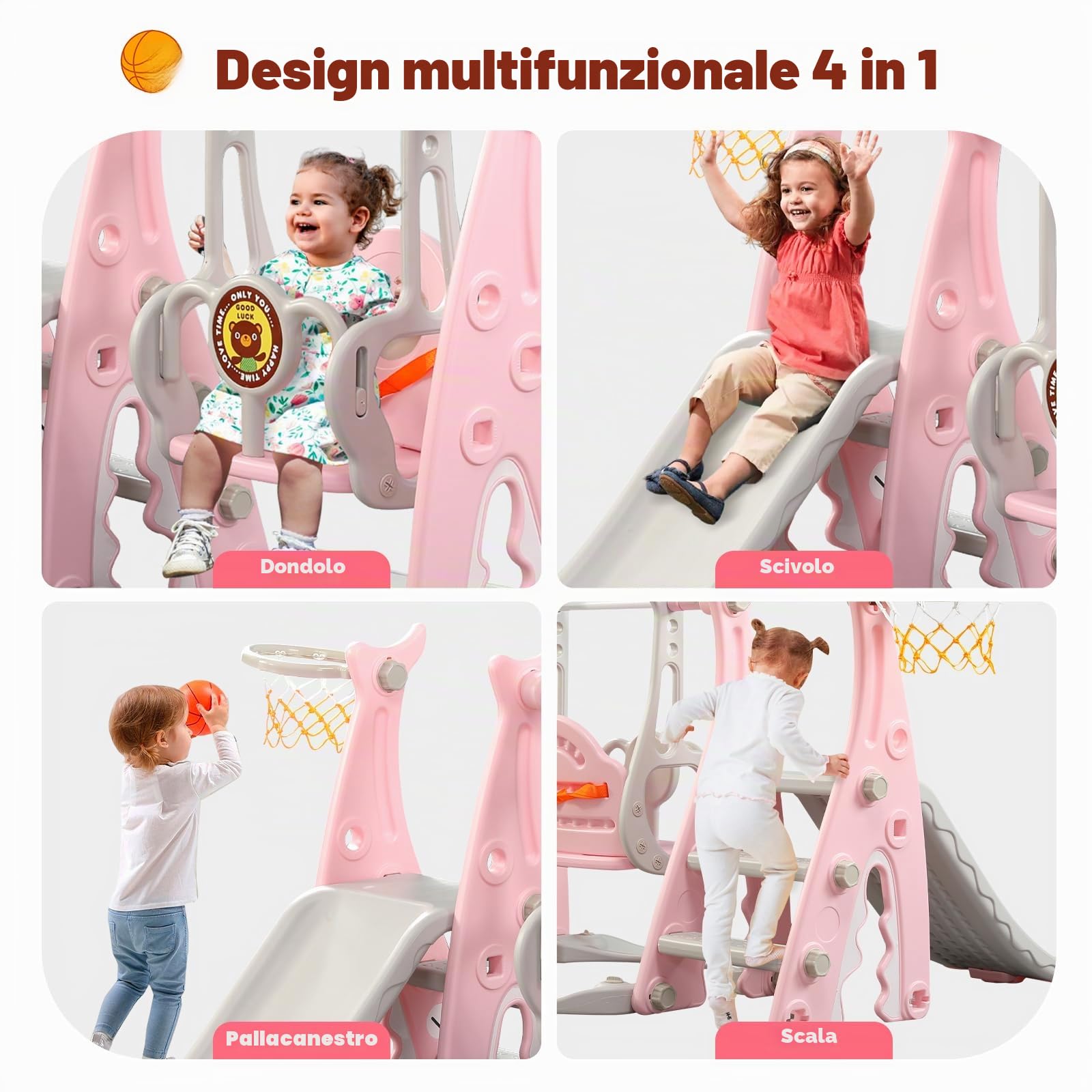 Scivolo per Bambini 4 in 1 Scivolo da Giardino con Altalena Regolabile e Cestino da Basket, Parco Giochi Esterno ed Interno per Bambini 18 Mesi + (Squalo+Rosa)