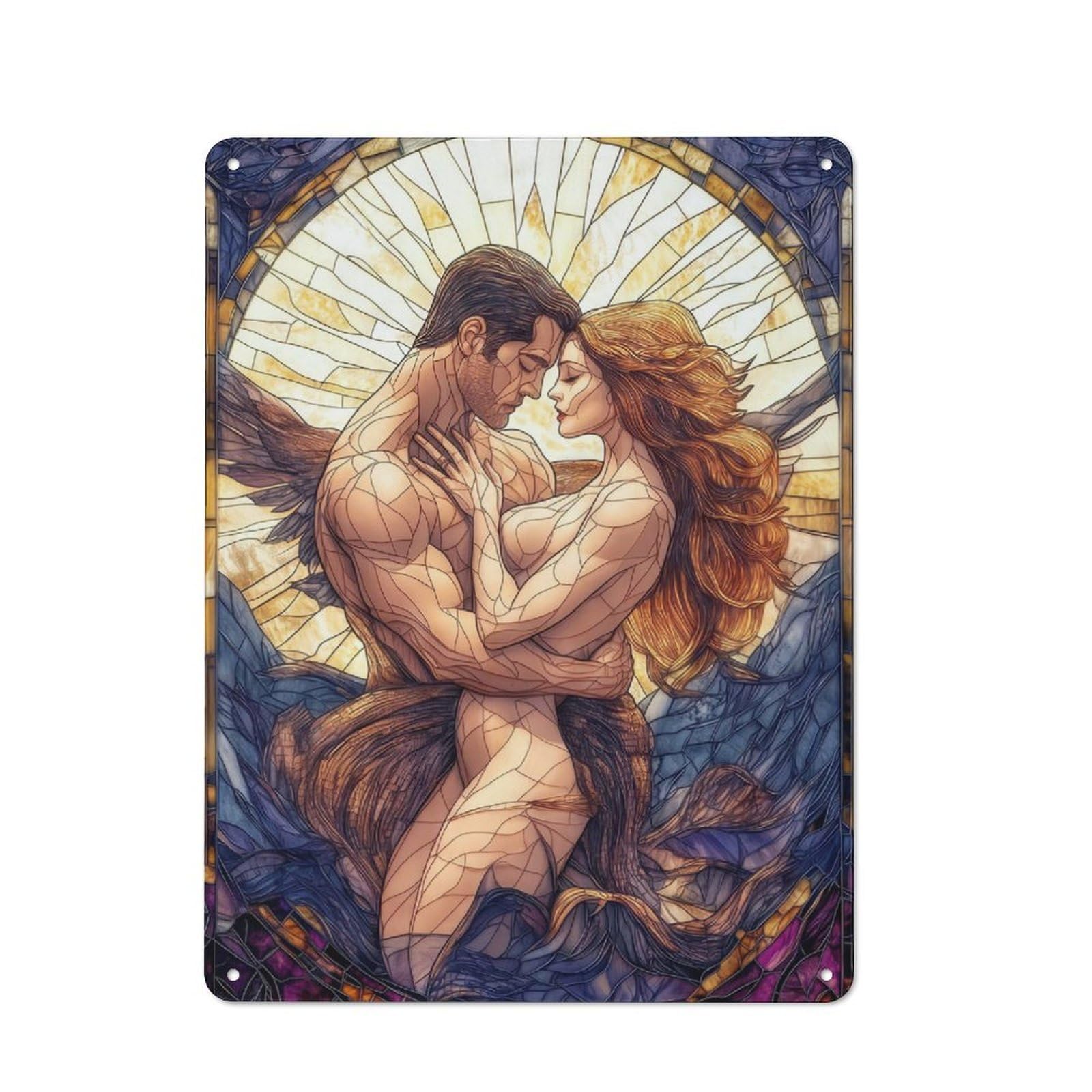 Junmoney Stained Glass Lovers Retro Decorative Metal Plaque 40X30cm, Garage Wall Decor For Garage, Workshop, Shed Or Utility Room
