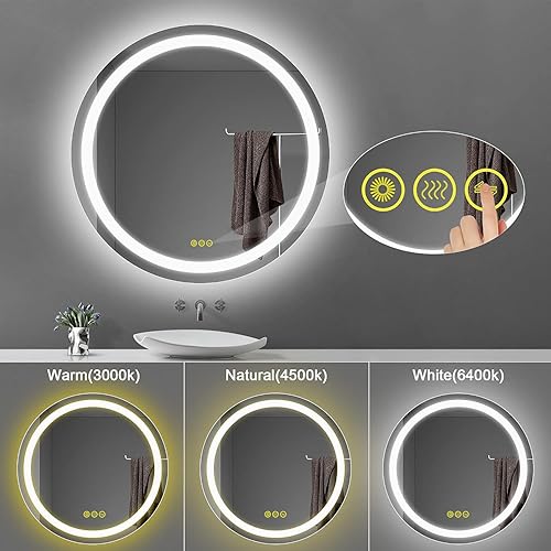 Miniatura 4 de Espejo de baño redondo iluminado de 24 pulgadas con luces, espejo LED antivaho inteligente para baño, espejo con luz regulable de 3 colores para