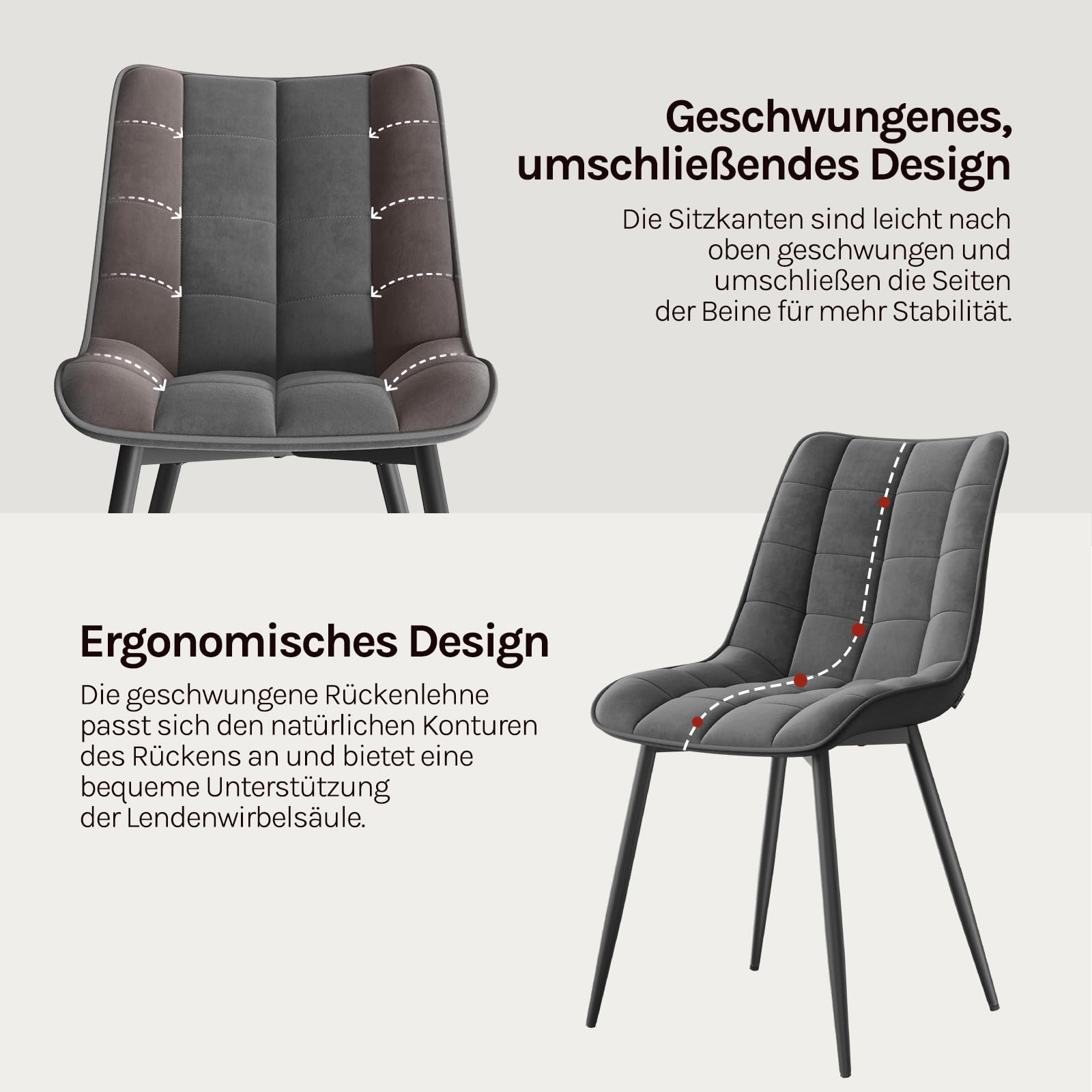 WOLTU Esszimmerstühle 2er Set, für Wohnzimmer Küche Esszimmer, Küchenstühle gepolstert mit Rückenlehne, Sitzfläche aus Samt, mit Metallbeinen, bis 150 kg belastbar,Dunkelgrau