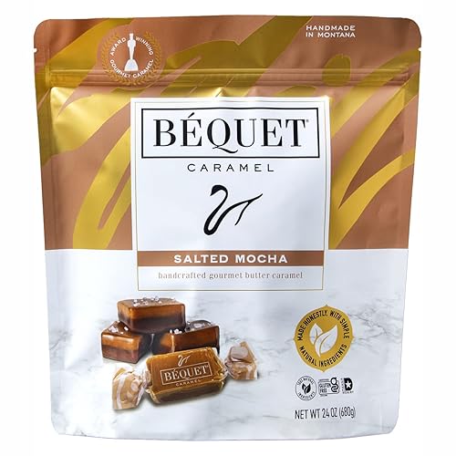 Béquet Caramelo, caramelo gourmet de moca salado, caramelo de café envuelto individualmente, caramelo de sal marina gourmet, fabricado en Montana,