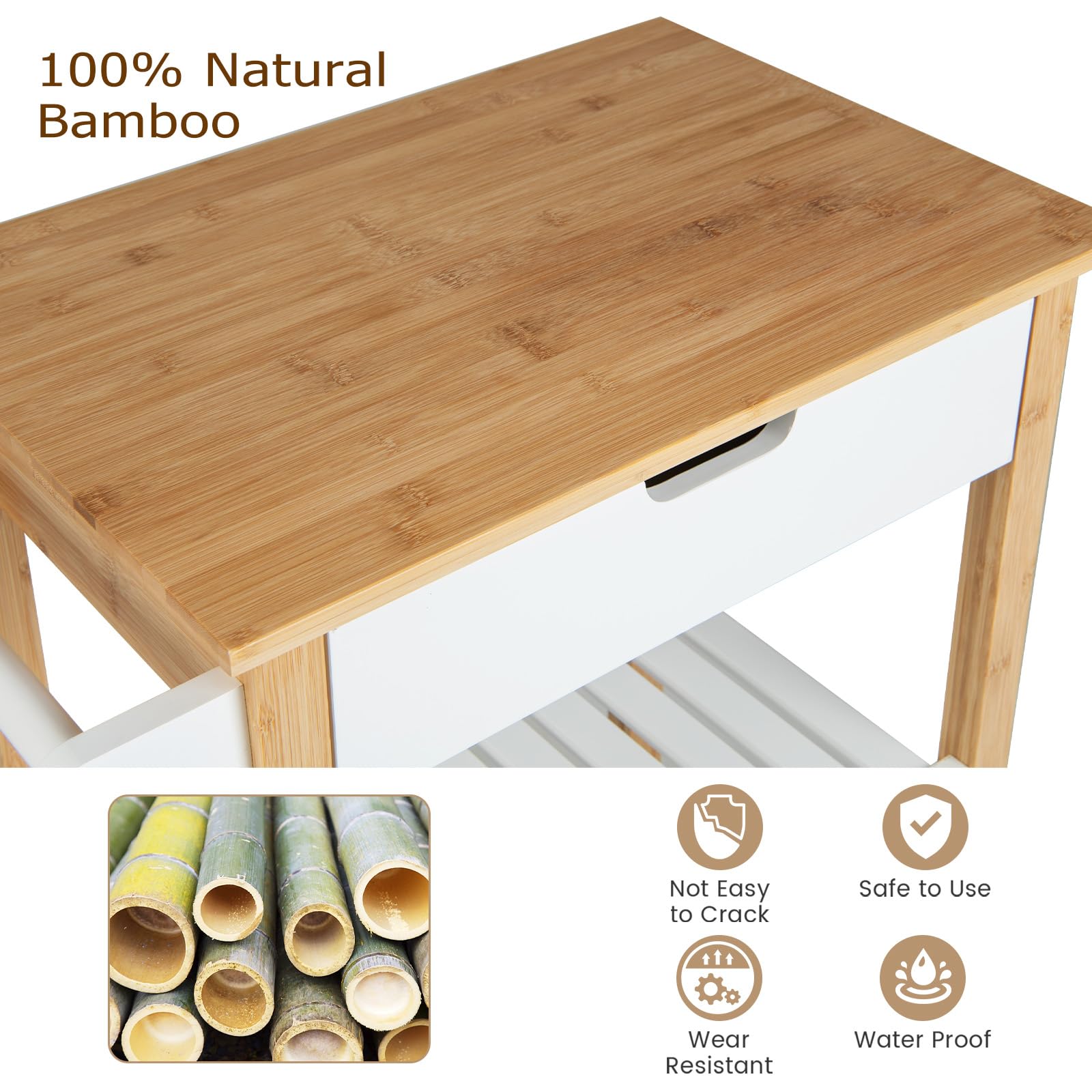 KOMFOTTEU Carrello da cucina in bambù e legno, carrello da portata su ruote, 66 x 40 x 85 cm, carrello da cucina con piano di lavoro, cassetto e 2 ripiani aperti, carrello portaoggetti (bianco)