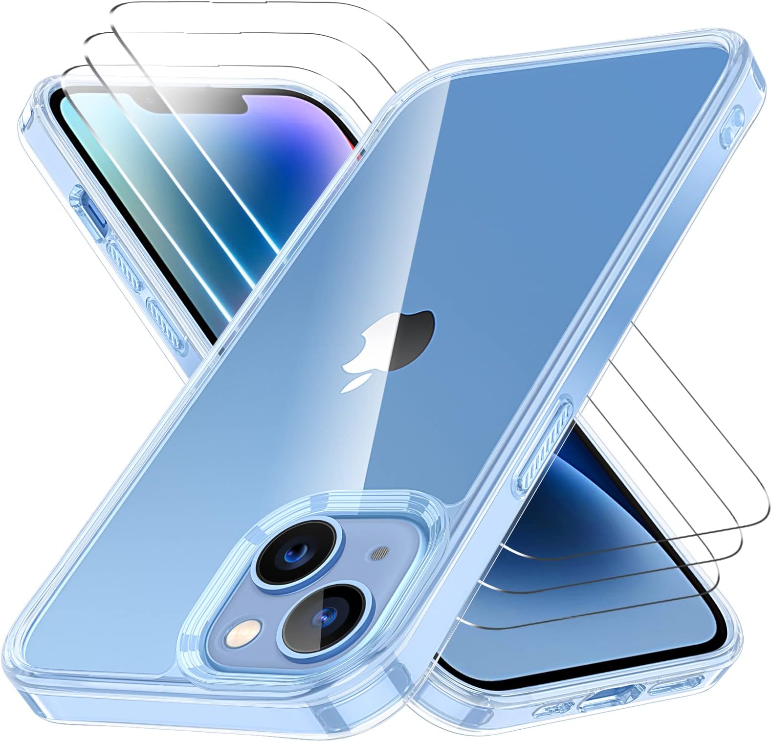 Huness [4 in 1 Designed for iPhone 14 Case/iPhone 13 Case, with 3 Pack Tempered Glass Screen Protector [Non-Yellowing ] [Military Drop Protection] Shockproof Slim Fit 6.1 Inch, Clear