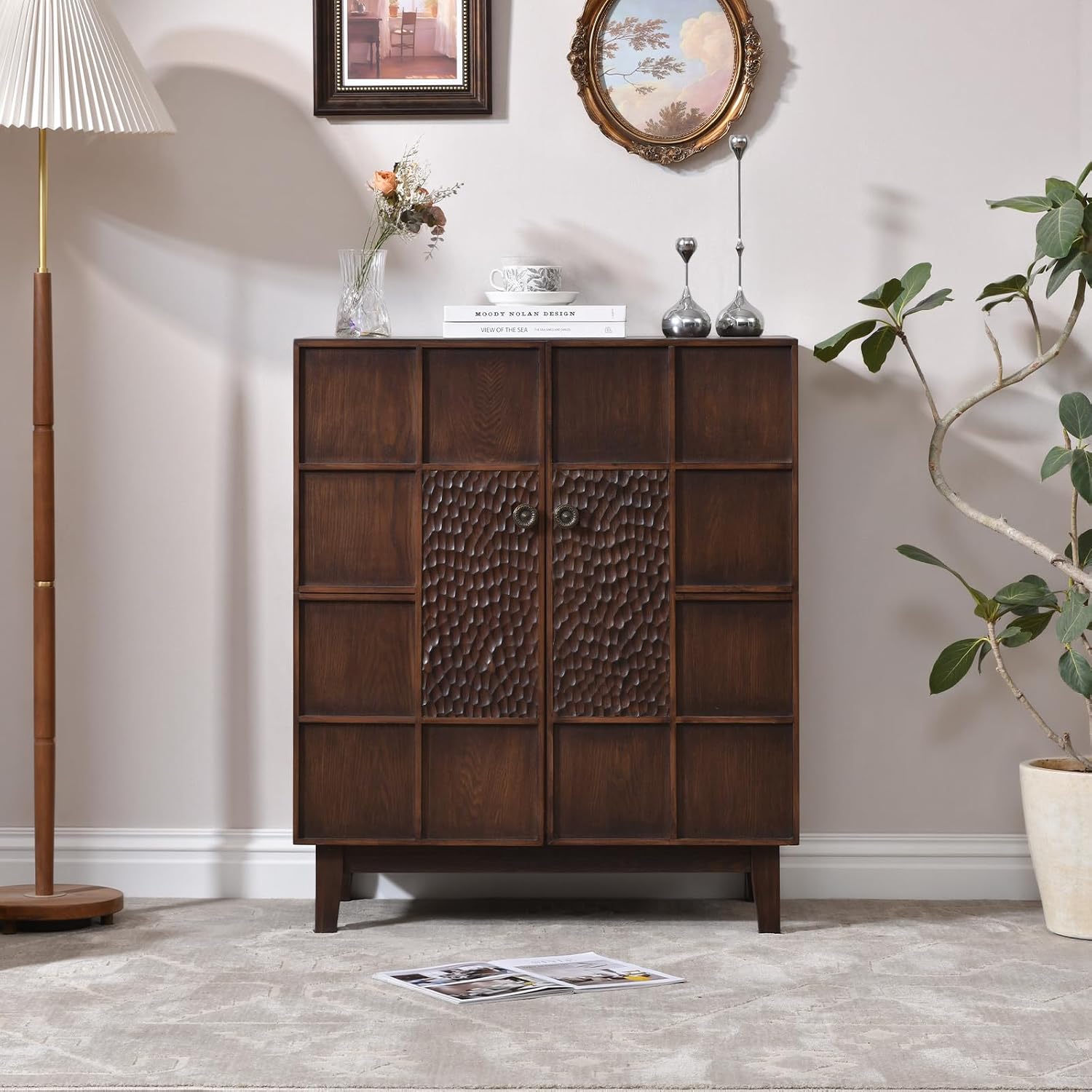 Ahokua Mid-Century Modern Accent Cabinet with Textured Doors, 4-Cube Storage Cabinet, Walnut Wood Storage Cabinet for Living Room, Entryway or Dining Room, 31.5" Wide