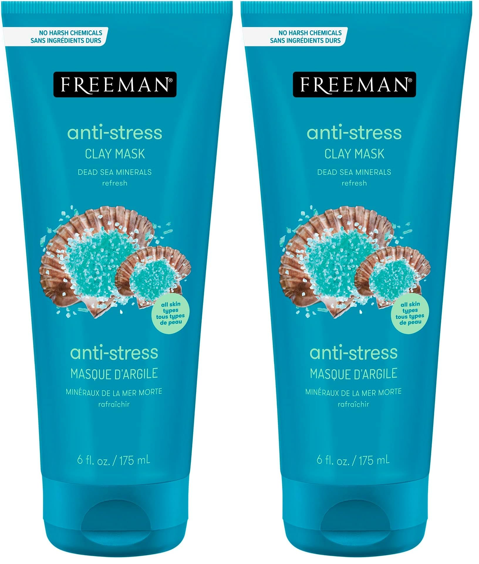 FREEMAN Dead Sea Minerals Anti-Stress Clay Facial Mask, Hydrating & Clarifying, Clears Pores, Face Mask With Lavender & Bergamot For Radiant Skin, Skin Types, 6 fl. oz./175 mL Tube (Pack of 2)