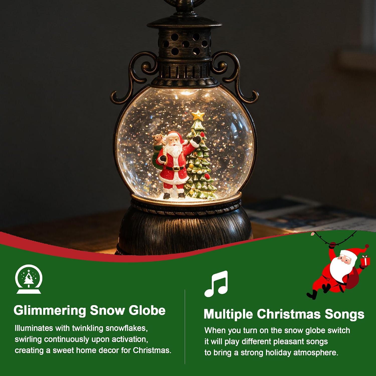 9.6" Christmas Snow Globe Lantern with Music & LED Lights, USB & Battery