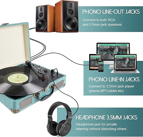 Miniatura 2 de Tocadiscos de maleta de vinilo con Bluetooth con altavoz integrado, 3 velocidades de transmisión por correa, fonógrafo, correa de transmisión por