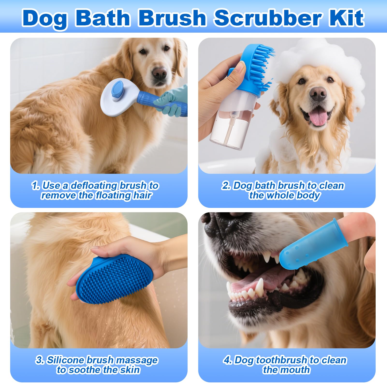 XANGNIER Dog Bath Brush Scrubber Kit,Pet Shower Washing Brush Bathing Supplies Set-With Shampoo and Soap Dispenser,Finger Toothbrush,Silicone Grooming Scrub Tool for Cat Dog Puppy Long Short Hair - image 2