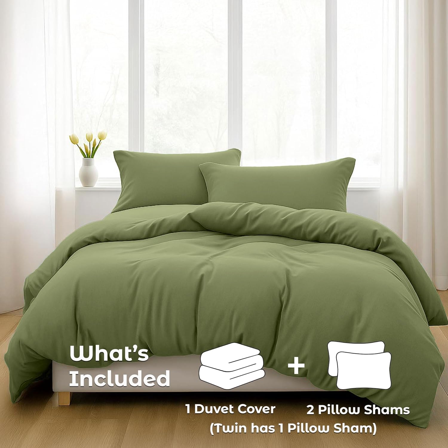 Pure Bedding Duvet Cover Queen Size - 3 Pieces Extra Soft Bedding Set, Includes 1 Duvet Cover 90x90 Inches with Zipper Closure & 2 Pillow Shams, Comforter Not Included, Olive Green