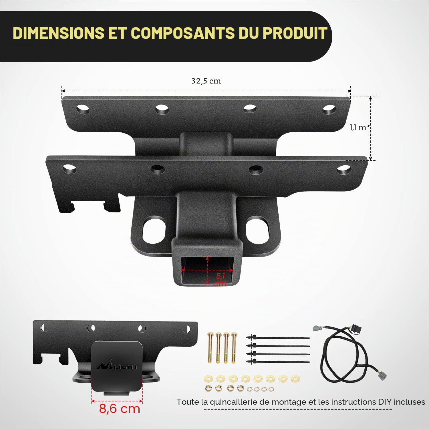 Nilight Kit récepteur d'attelage de remorque pour Pare-Chocs arrière JK-61A de 5,1 cm, avec Faisceau de câblage à 4 Broches