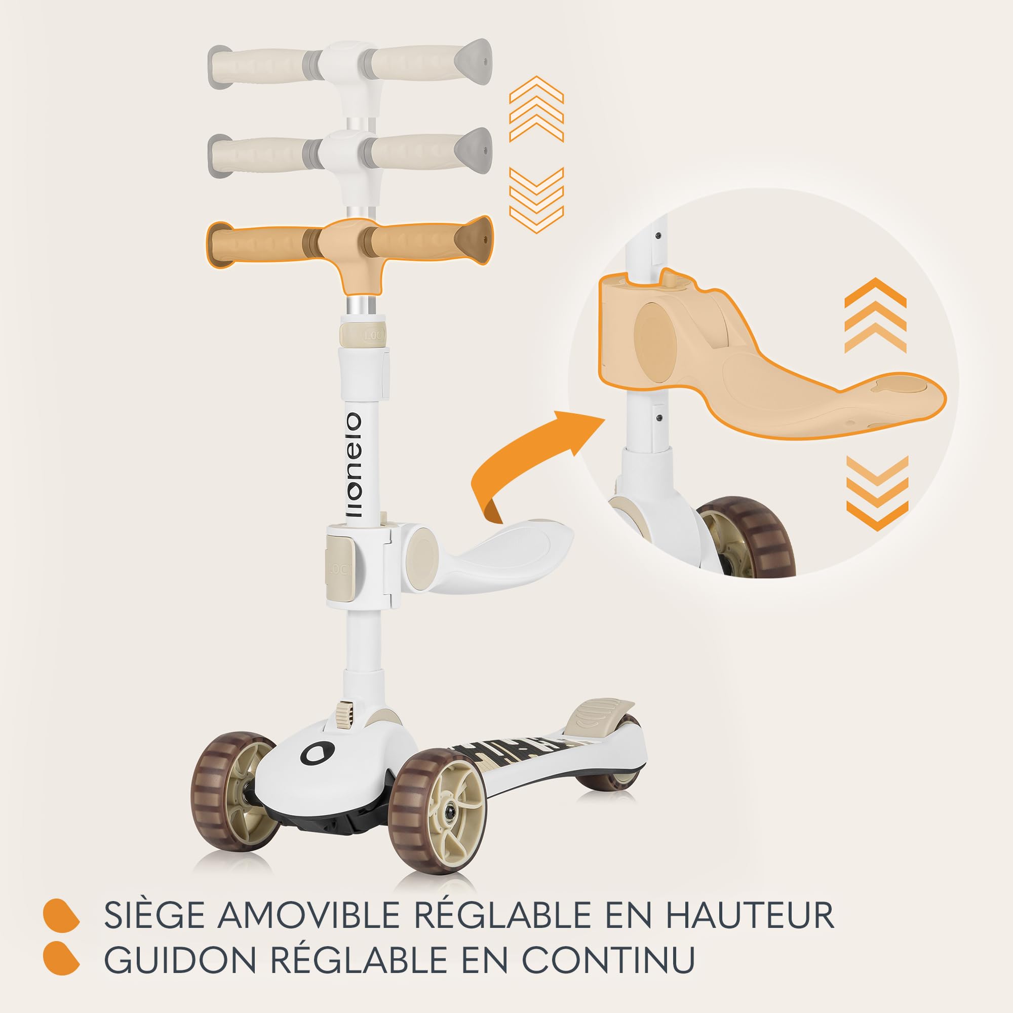 LIONELO Franky 2en1 Trottinette d'équilibre pour Enfants de 3 Ans à 50 kg Patinette de 1 an à 20 kg Roues LED Réglable en Hauteur, Plateforme Antidérapante, Panier (Beige)