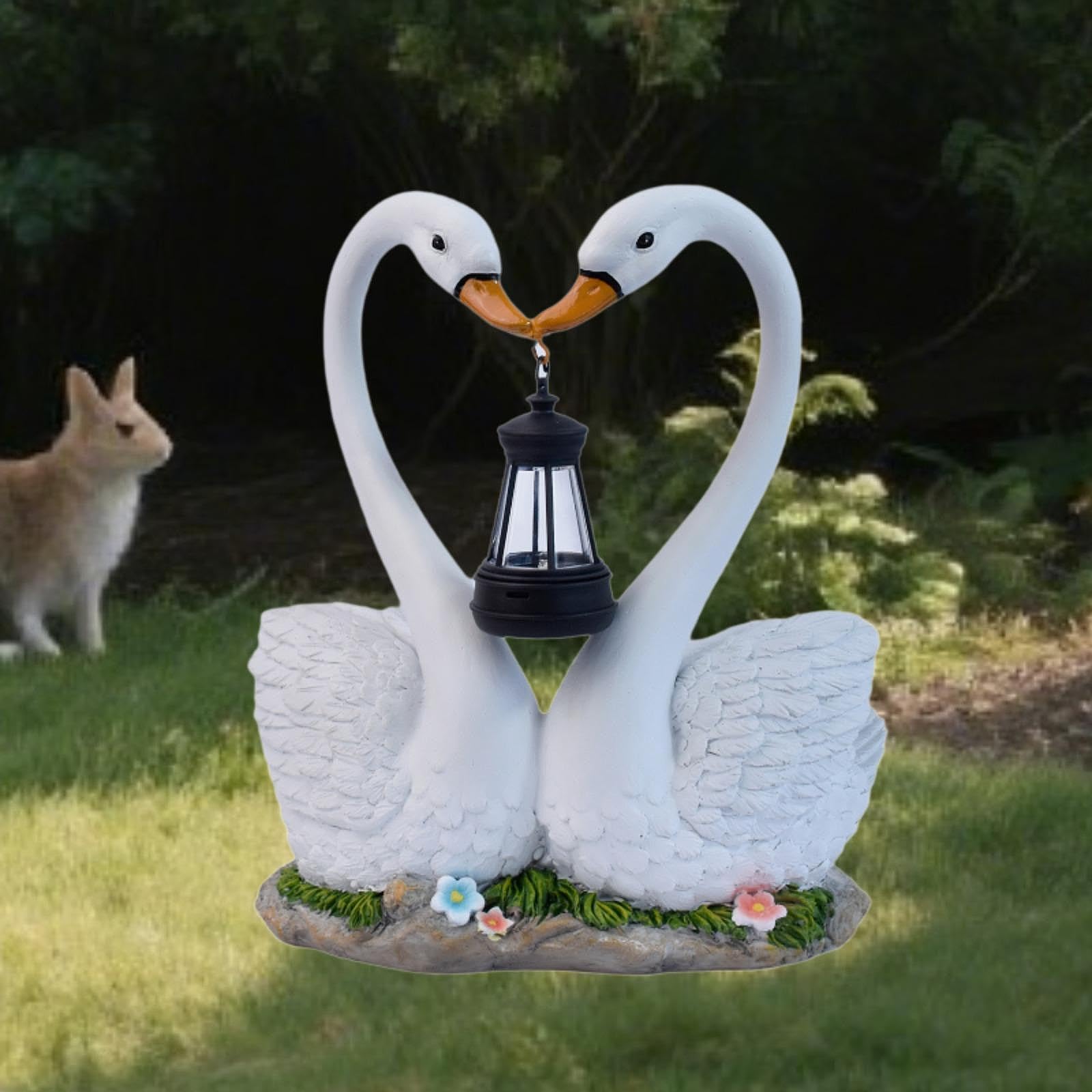 Statua da Giardino a Forma di Cigno con Lanterna Solare Ornamentale per Cortile