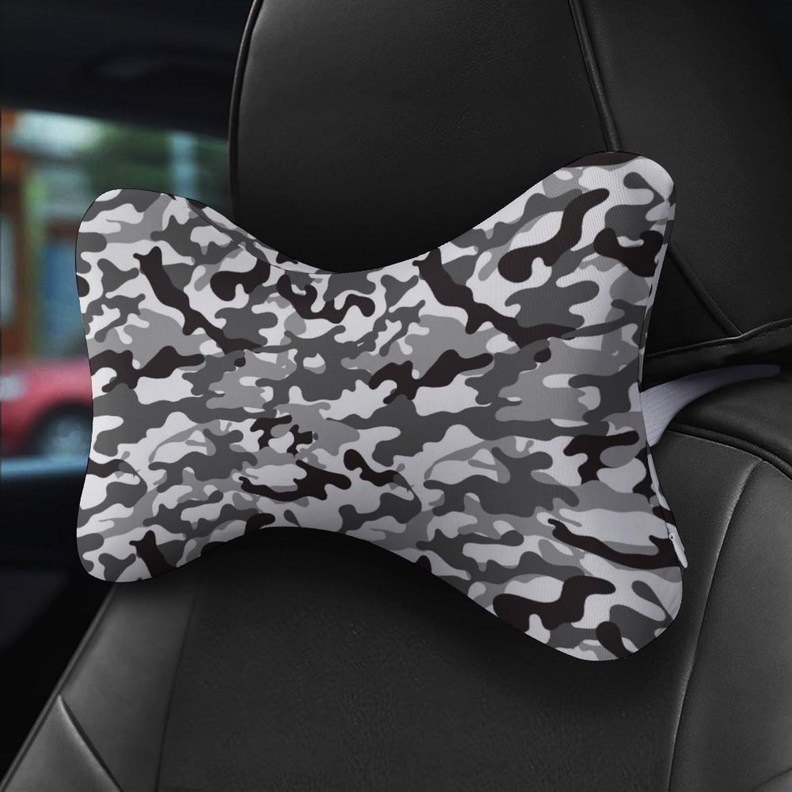 SMAZDFXX Camouflage Gray Camo Car Neck Pillow Set of 2 Car Seat Head Support Cushion Bone Pillows with Elastic Strap