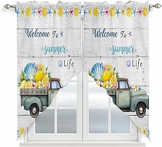 Swag Valances for Windows, Summer Truck Lemon Swag Curtains for Kitchen/Bedroom/Living Room Window Treatment, Nautical Coastal Grey Wooden Rod Pocket Valance Curtains Drapes 2 Panels, 28"x36"